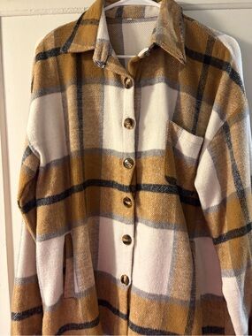 Plaid Button-Front Shacket in Mustard and Cream